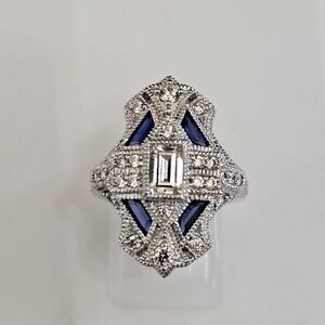 Beautiful Blue Sapphire & White Diamond Simulant Sterling Silver Ring Sz 6!